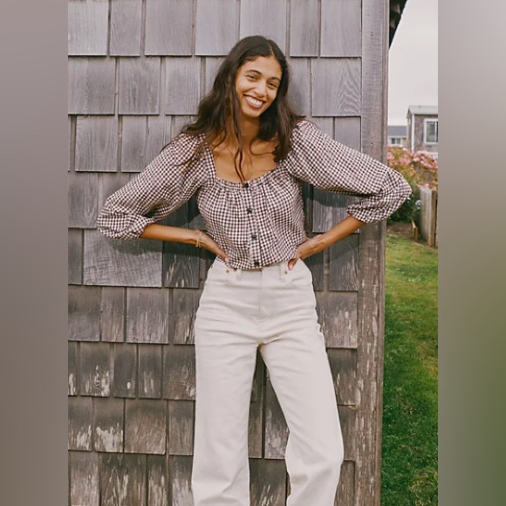 Madewell Puff Sleeve Button Front Crop Top in brown gingham